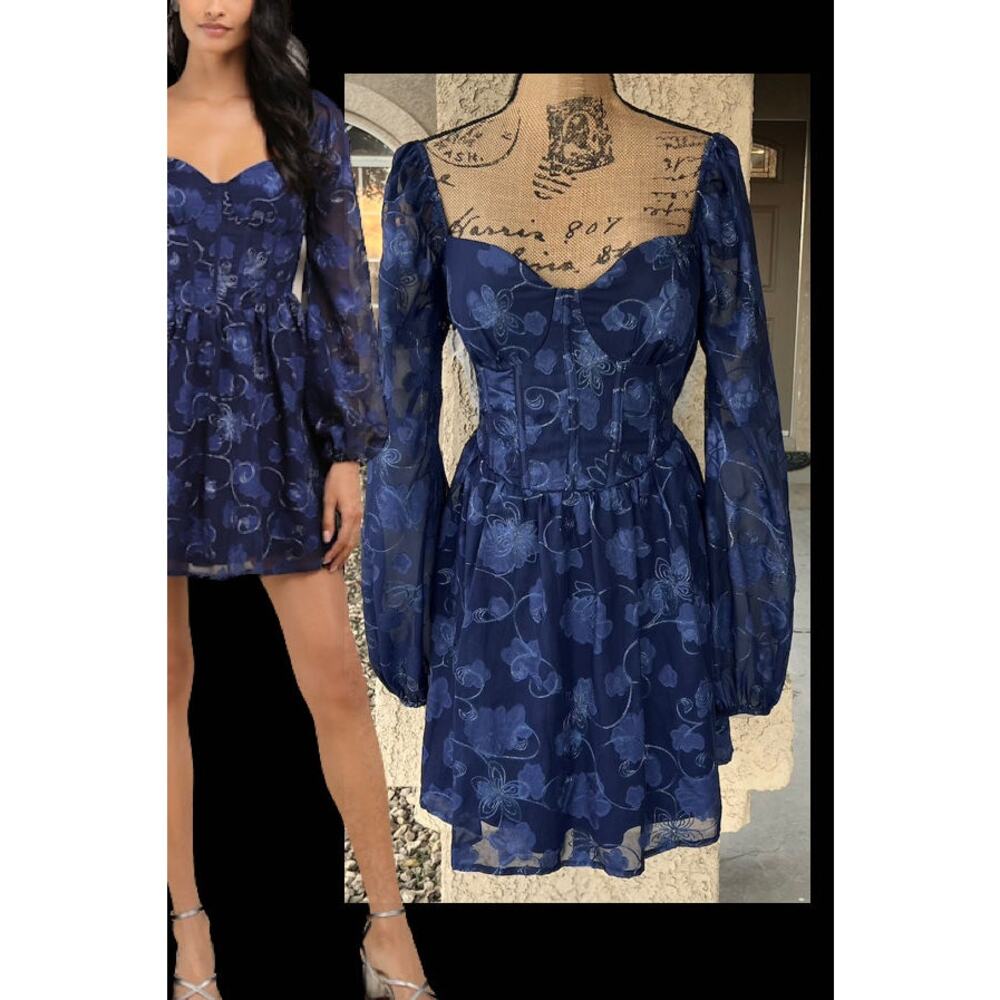 Lulus Navy Floral Embroidered Lurex Dtl Padded Bra Bustier Mini Dress Size L NEW